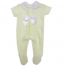 MC767-Lemon: Baby Short Sleeve Knitted All In One With Bow (0-9 Months)